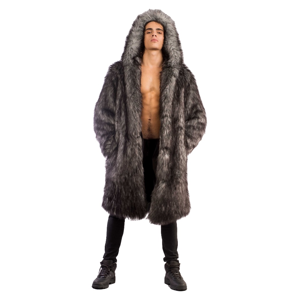 Furrocious Furr Men’s Faux Fur Gray Wolf Playa Coat For Festivals, Burning Man